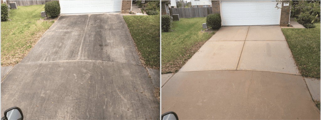 Side-by-side images showcase a driveway before and after the expert touch of a pressure washing service in Cabell County, WV. The left side is stained and weathered, while the right side gleams brightly. Both images feature a white garage door and vibrant green lawns bordering the driveway.