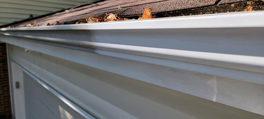A close-up of a white rain gutter, attached to a roof edge and filled with fallen leaves, gleams in the sunlight casting gentle shadows. For pristine maintenance, consider the best roof washing service Northeast Kentucky has to offer. Here, even your shingles will sparkle under expert care.