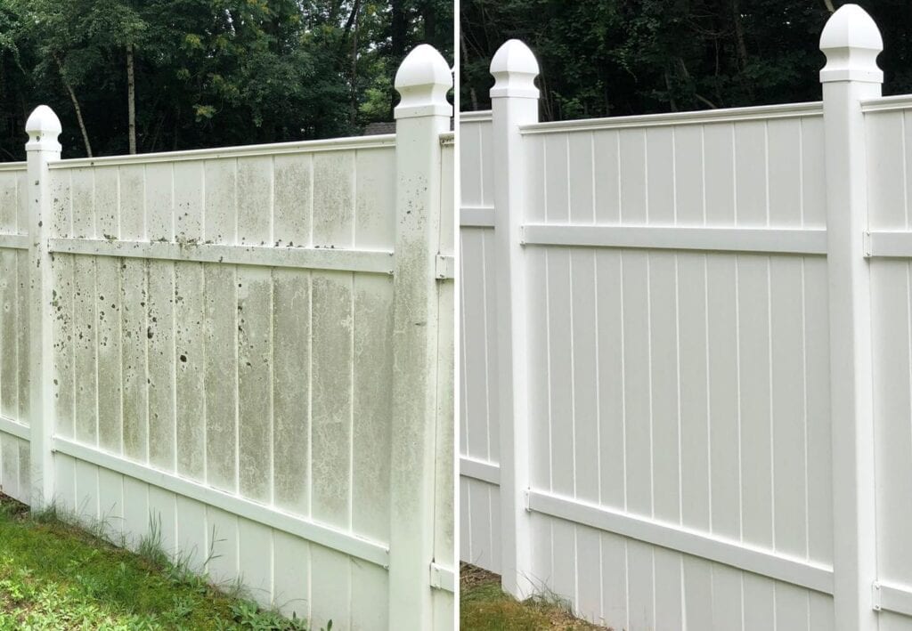 Side-by-side comparison of a white fence: the left side is covered in dirt and mold, while the right side, treated by a premier pressure washing service in Northeast Kentucky, looks clean and pristine. The background features grass and trees.