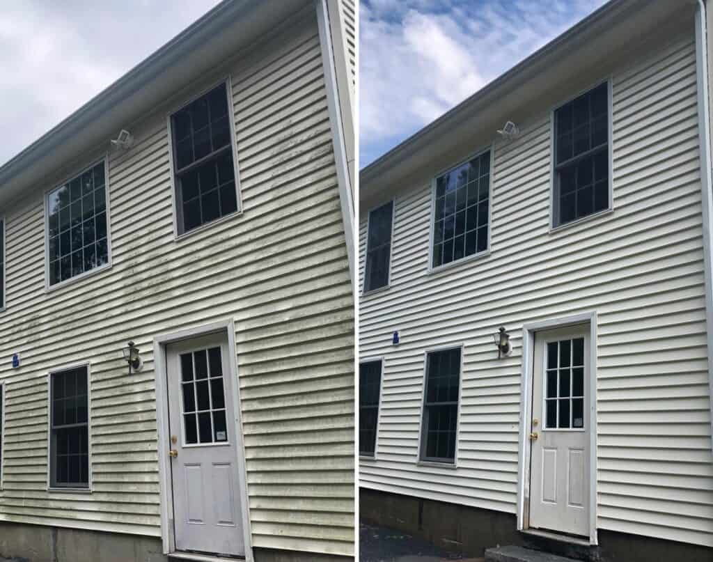 Two side-by-side images show a house exterior. The left image depicts dirty, worn siding. The right image, transformed by the best roof washing service in Northeast Kentucky, shows the siding clean and bright. Both images feature a white door and black-framed windows under a cloudy sky.